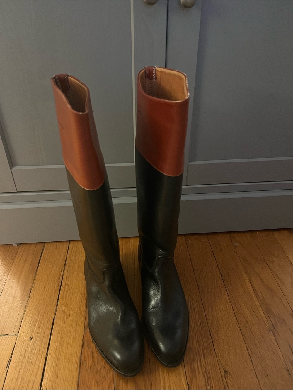 Two-Tone Genuine Leather Riding Boots Black & Cognac Made in Spain Size 37